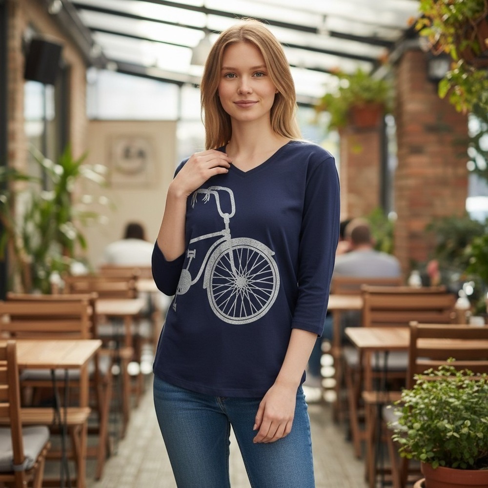 Marushka Navy Blue Bicycle Graphic V-Neck 3/4 Sleeve Cotton Top XL